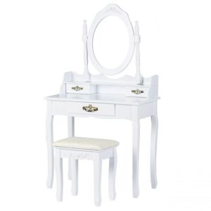 MODERNHOME Toaletní kosmetický stolek se zrcadlem a taburetem Amanda bílý 