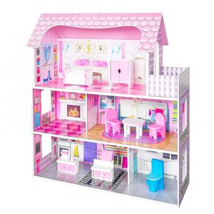 Dřevěný domeček pro panenky EcoToys Mia růžový + nábytek